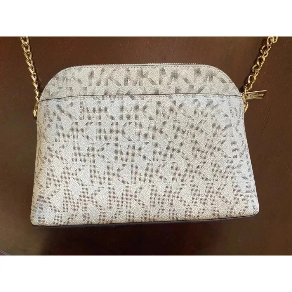 Michael Kors Dome Crossbody Bag Signature Logo Brown Leather Strap Gold Details